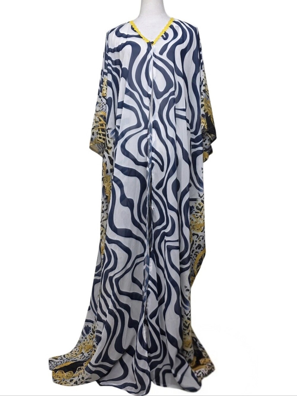 House of S D Blue Zebra Patterned, Cheetah Pattern Kaftan Dress with Yellow Trim